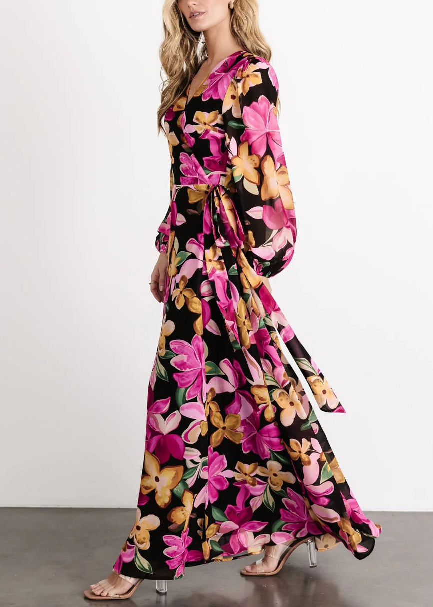 Purple Tie Waist Cotton Long Dress V Neck Long Sleeve AU1023 OM-ZS240902