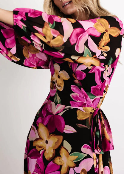 Purple Tie Waist Cotton Long Dress V Neck Long Sleeve AU1023 OM-ZS240902