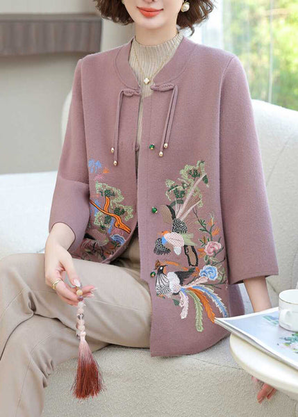 Purple Wool Knit Cardigan Embroidered Floral Long Sleeve TA025
