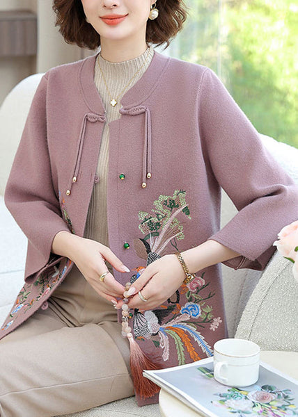 Purple Wool Knit Cardigan Embroidered Floral Long Sleeve TA025