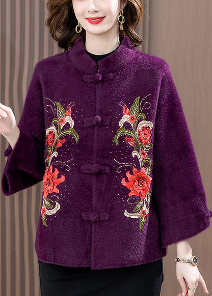 Purple Zircon Embroidered Mink Velvet Spring Coat Stand Collar RZ015 ABC