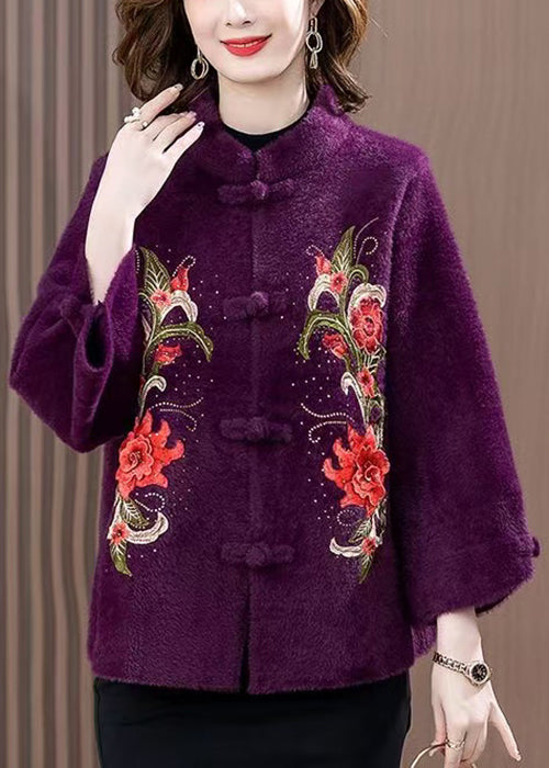 Purple Zircon Embroidered Mink Velvet Spring Coat Stand Collar RZ015 ABC