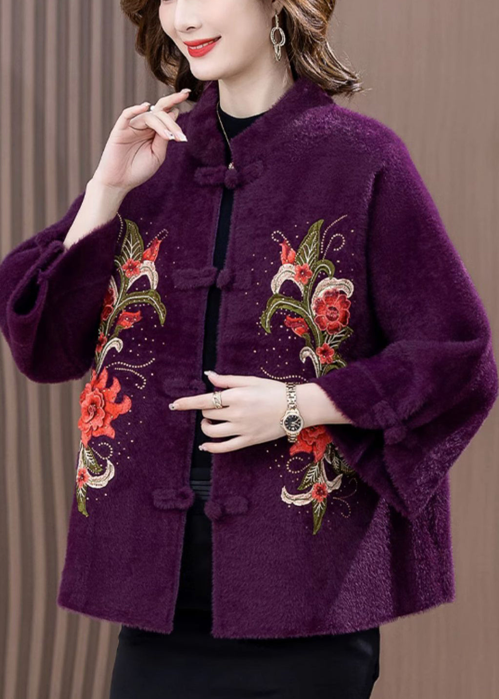 Purple Zircon Embroidered Mink Velvet Spring Coat Stand Collar RZ015 ABC