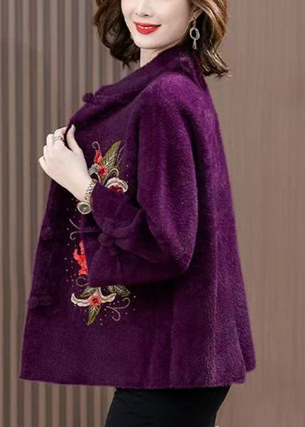 Purple Zircon Embroidered Mink Velvet Spring Coat Stand Collar RZ015 ABC