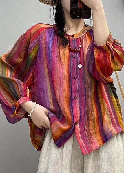 Rainbow Button Patchwork Linen Blouses O Neck Spring VV056 HS-LTP240627