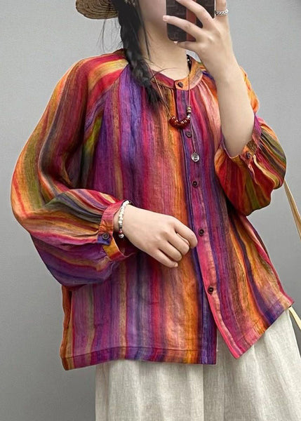 Rainbow Button Patchwork Linen Blouses O Neck Spring VV056 HS-LTP240627