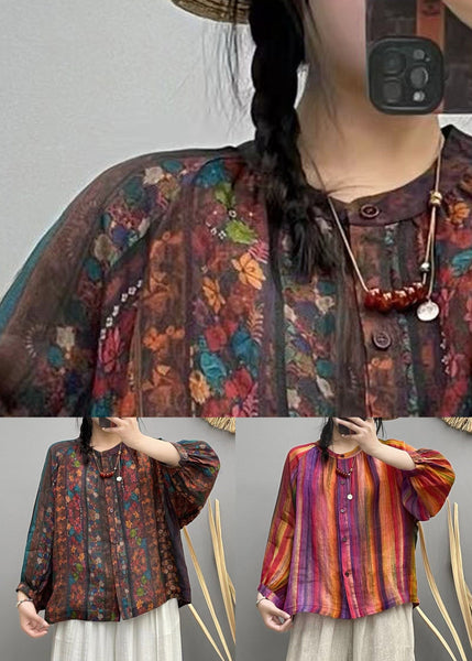 Rainbow Button Patchwork Linen Blouses O Neck Spring VV056 HS-LTP240627