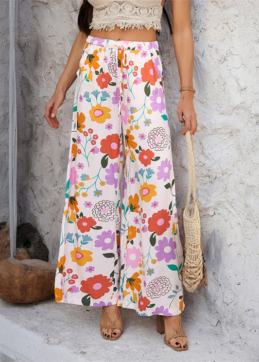 Rainbow Waist Print Vacation Tie Dresses Trousers FashionChic