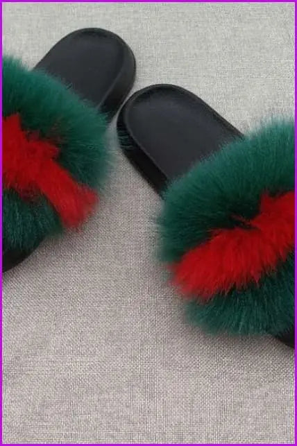 { Ready Stock } Green with Red Stripe Fashion Fox Full-Pelt Fur Sliders DF003