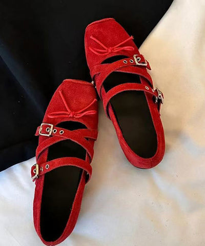 Bow Suede Splicing Strap Cross Red Boutique Shoes Wedge FashionChic