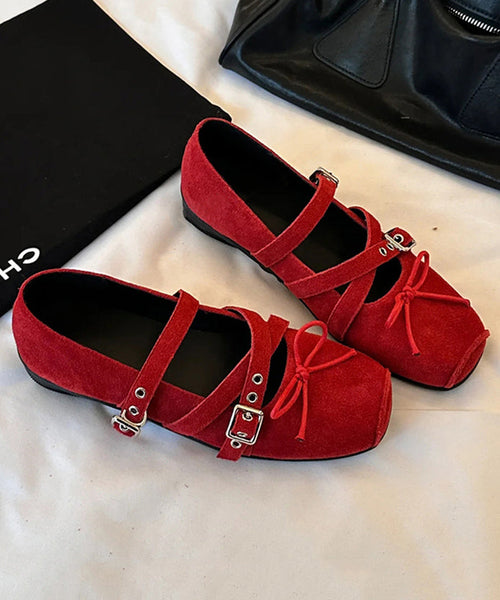 Bow Suede Splicing Strap Cross Red Boutique Shoes Wedge FashionChic