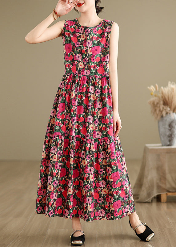 Red Button Patchwork Cotton Long Dress O Neck Summer JH030 MMDM-SDL240717