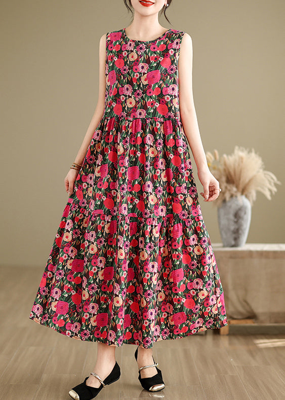 Red Button Patchwork Cotton Long Dress O Neck Summer JH030 MMDM-SDL240717