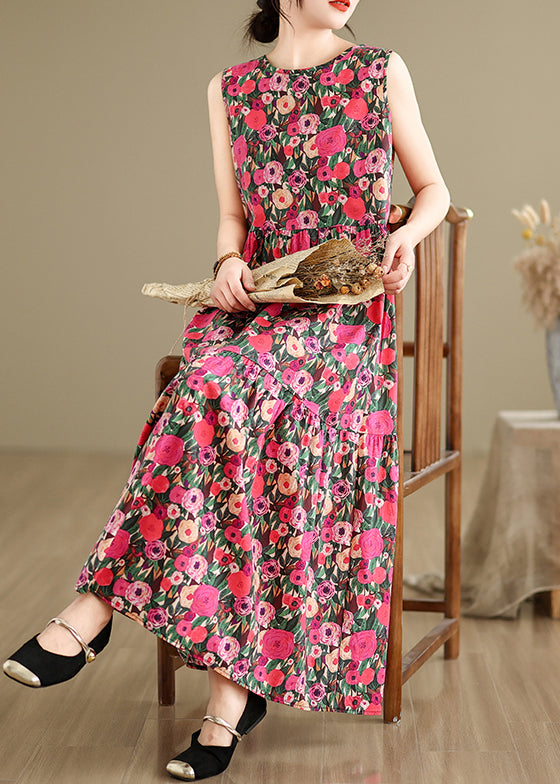 Red Button Patchwork Cotton Long Dress O Neck Summer JH030 MMDM-SDL240717