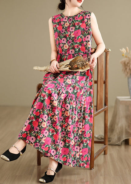 Red Button Patchwork Cotton Long Dress O Neck Summer JH030 MMDM-SDL240717