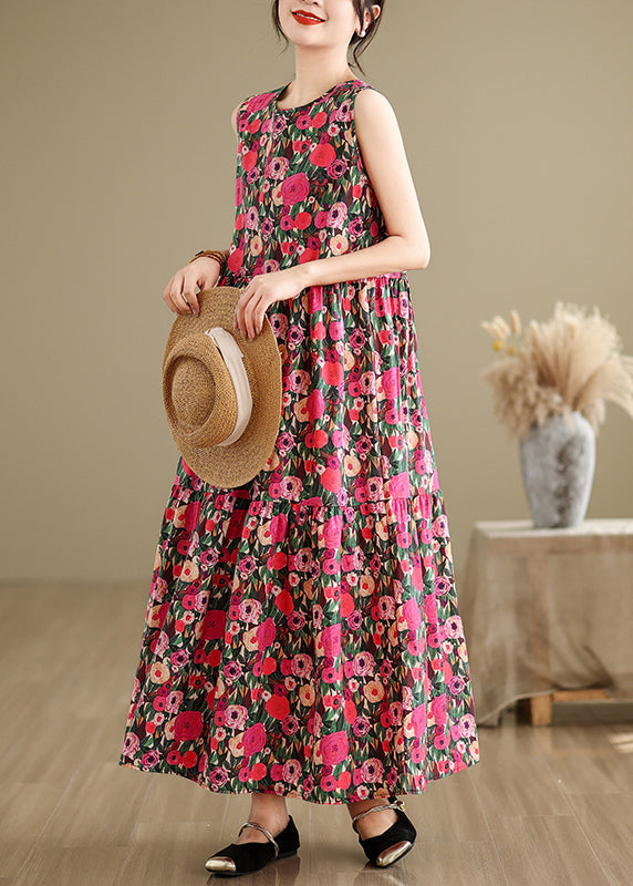Red Button Patchwork Cotton Long Dress O Neck Summer JH030 MMDM-SDL240717
