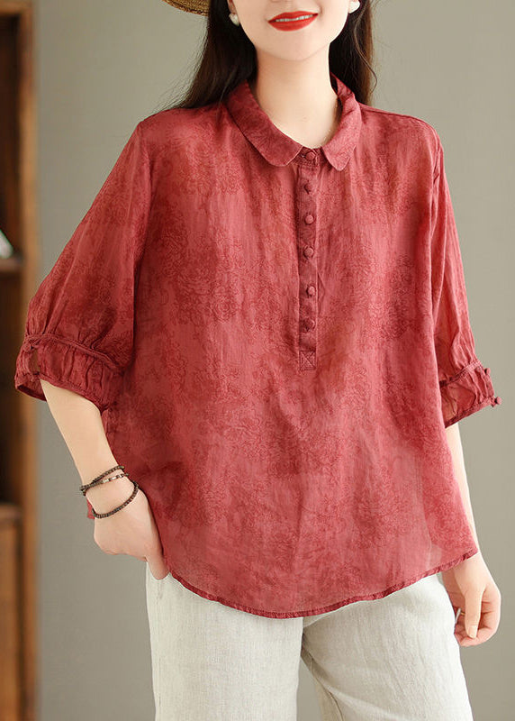 Red Button Print Linen Blouses Peter Pan Collar Summer GG050 MZF-HTP240610