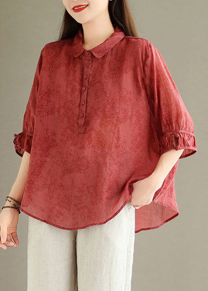 Red Button Print Linen Blouses Peter Pan Collar Summer GG050 MZF-HTP240610