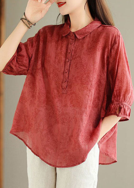 Red Button Print Linen Blouses Peter Pan Collar Summer GG050 MZF-HTP240610