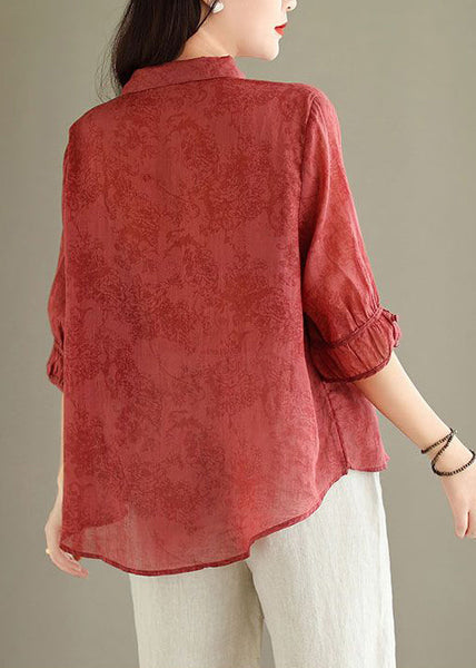 Red Button Print Linen Blouses Peter Pan Collar Summer GG050 MZF-HTP240610