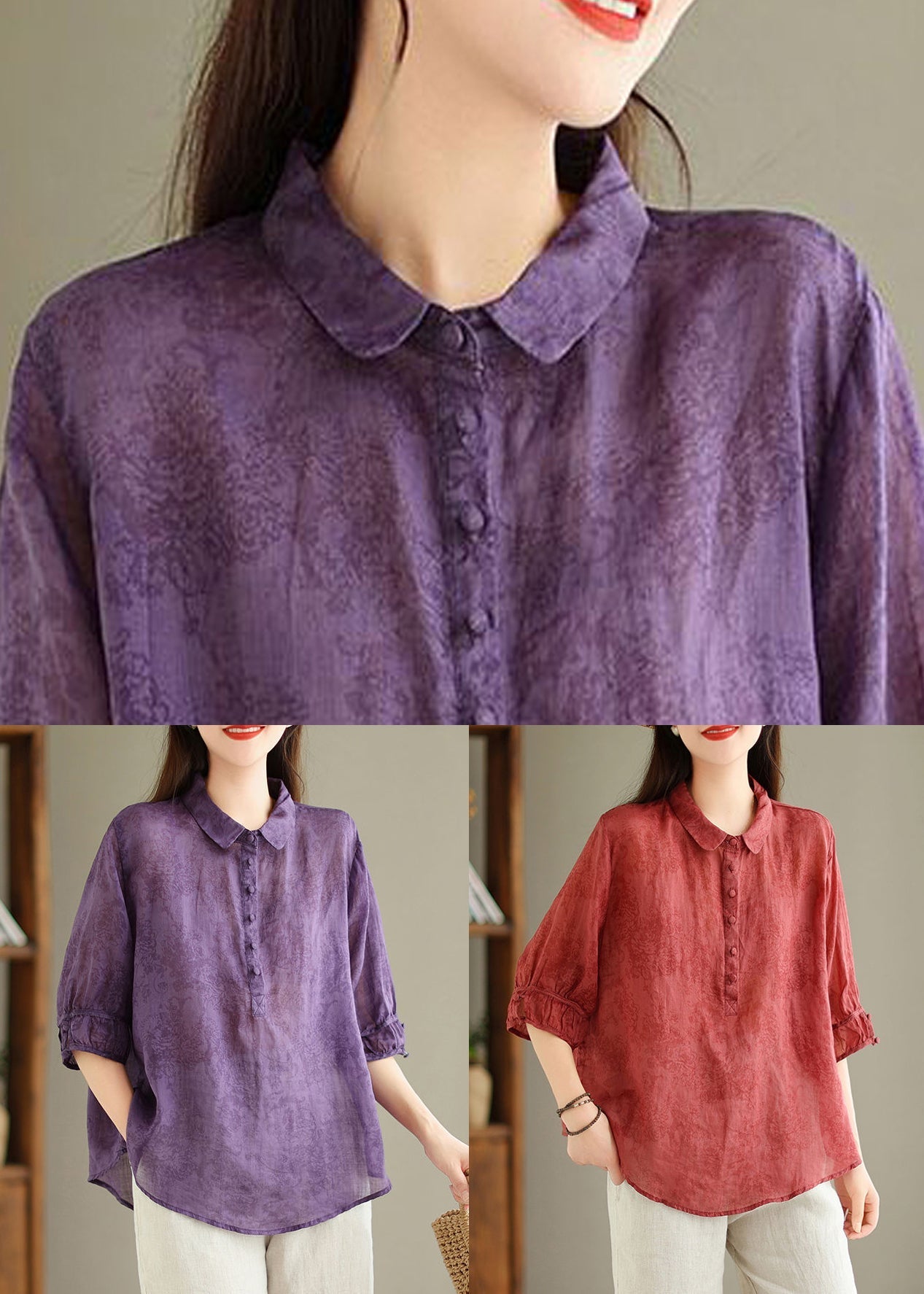 Red Button Print Linen Blouses Peter Pan Collar Summer GG050 MZF-HTP240610