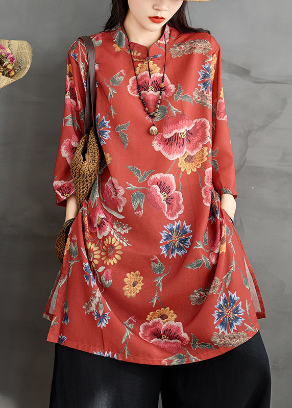 Button Red Collar Linen Stand Sleeve Print Dresses Bracelet Shirt FashionChic