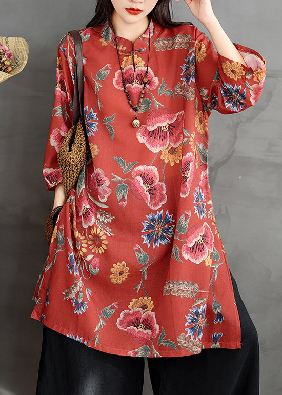 Button Red Collar Linen Stand Sleeve Print Dresses Bracelet Shirt FashionChic