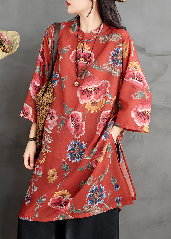 Button Collar Linen Stand Dresses Shirt Red Sleeve Print Bracelet FashionChic
