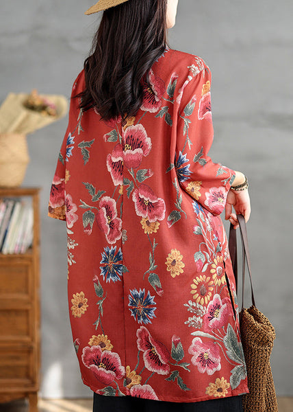 Button Red Collar Linen Stand Sleeve Print Dresses Bracelet Shirt FashionChic