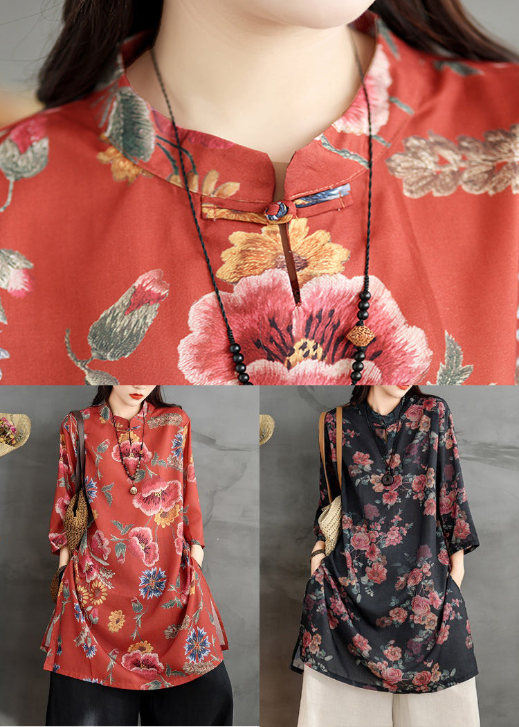 Button Collar Linen Stand Dresses Shirt Red Sleeve Print Bracelet FashionChic