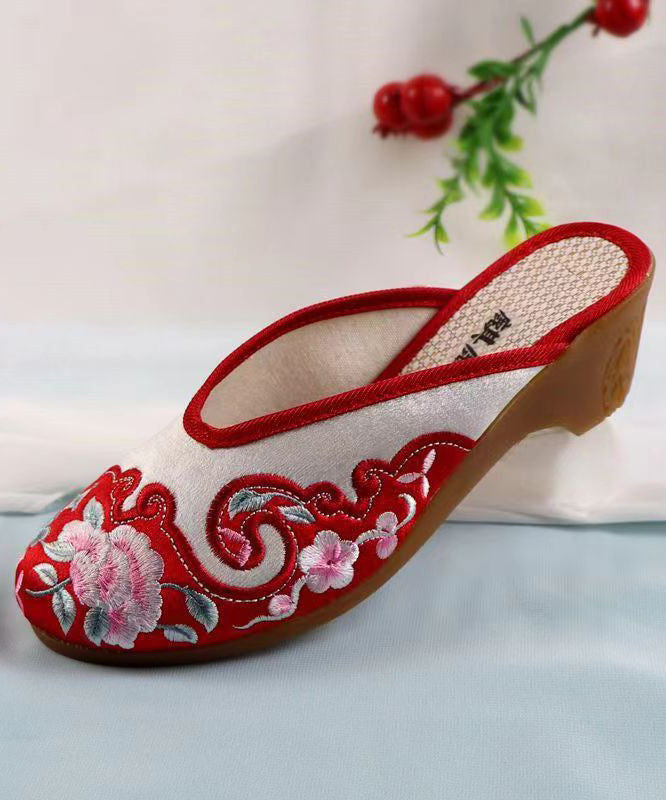 Red Chunky Cotton Fabric Boho Embroidery Slide Sandals CZ1041 Ada Fashion