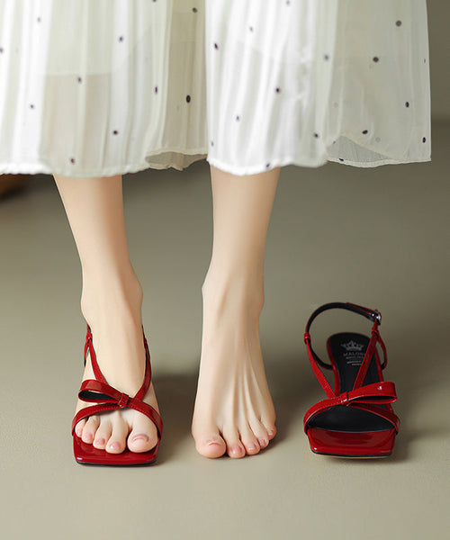 Bow Toe Peep Splicing Leather French Sandals Cowhide Red FashionChic