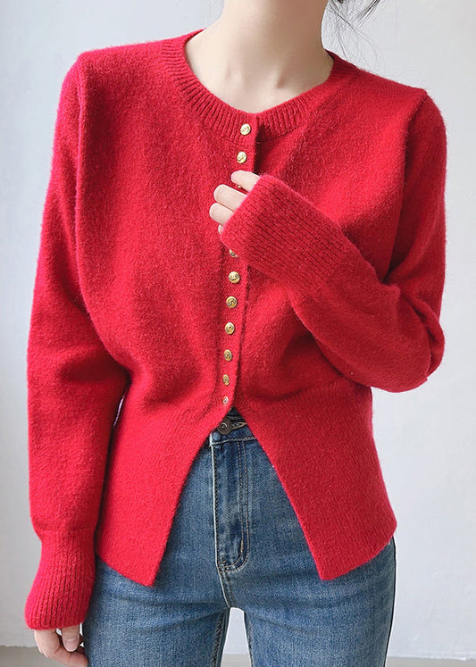 Red Cozy Patchwork Cotton Knit Top O Neck Long Sleeve TU054