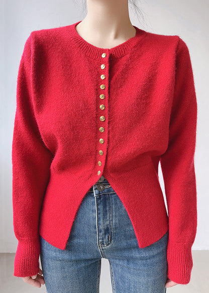 Red Cozy Patchwork Cotton Knit Top O Neck Long Sleeve TU054