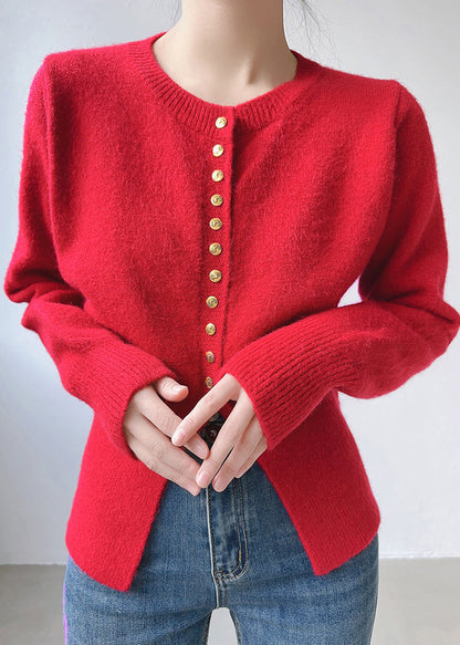 Red Cozy Patchwork Cotton Knit Top O Neck Long Sleeve TU054