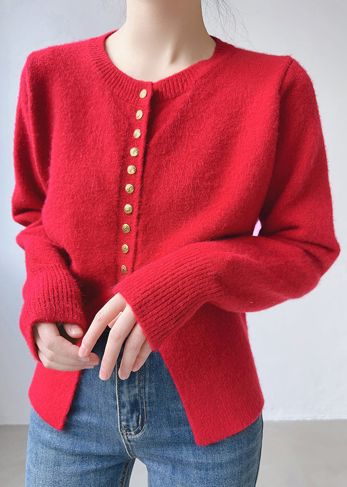 Red Cozy Patchwork Cotton Knit Top O Neck Long Sleeve TU054