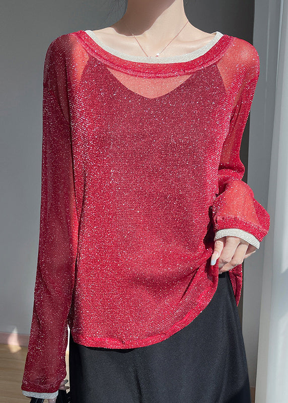 Two Pieces Summer Shirt T Red Neck O Tulle Patchwork False FashionChic