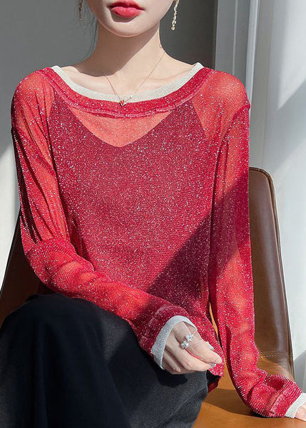 Two Pieces Summer Shirt T Red Neck O Tulle Patchwork False FashionChic