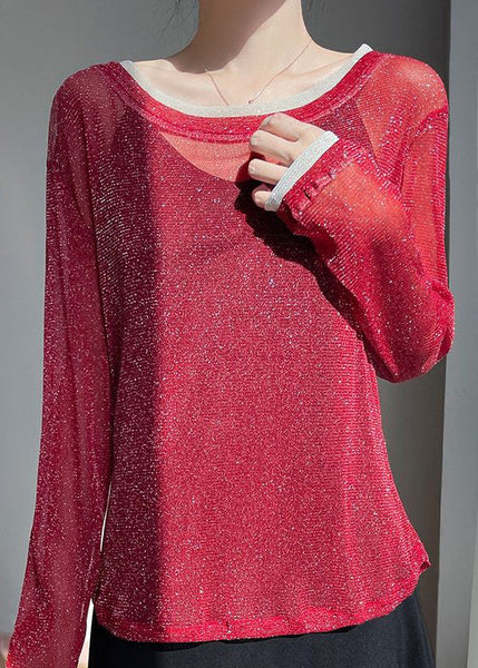 Two Pieces Summer Shirt T Red Neck O Tulle Patchwork False FashionChic