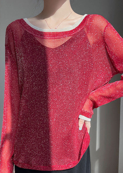 Two Pieces Summer Shirt T Red Neck O Tulle Patchwork False FashionChic