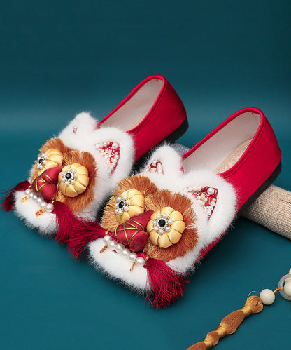 Red Flat Shoes Splicing Handmade Embroidery Nail Bead TQ044 ABC