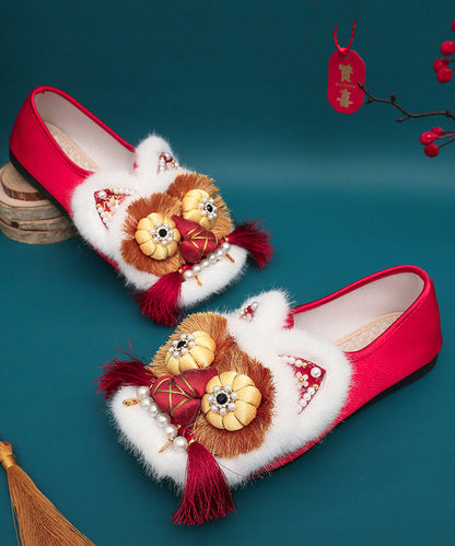 Red Flat Shoes Splicing Handmade Embroidery Nail Bead TQ044 ABC