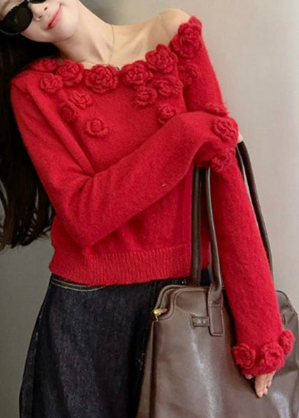 Red Floral Patchwork Knit Sweater Asymmetrical Winter WX023 ABC