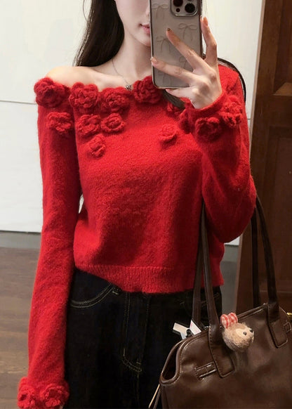 Red Floral Patchwork Knit Sweater Asymmetrical Winter WX023 ABC