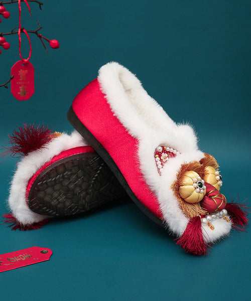 Red Fuzzy Wool Lined Tassel Nail Bead Vintage Splicing Flat Feet Shoes TQ043 ABC