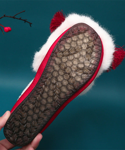 Red Fuzzy Wool Lined Tassel Nail Bead Vintage Splicing Flat Feet Shoes TQ043 ABC