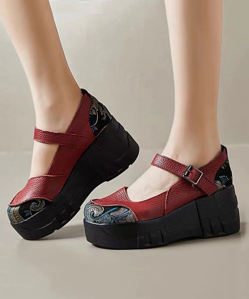 Red High Wedge Heels Shoes Women Splicing Buckle Strap CZ1016 Ada Fashion
