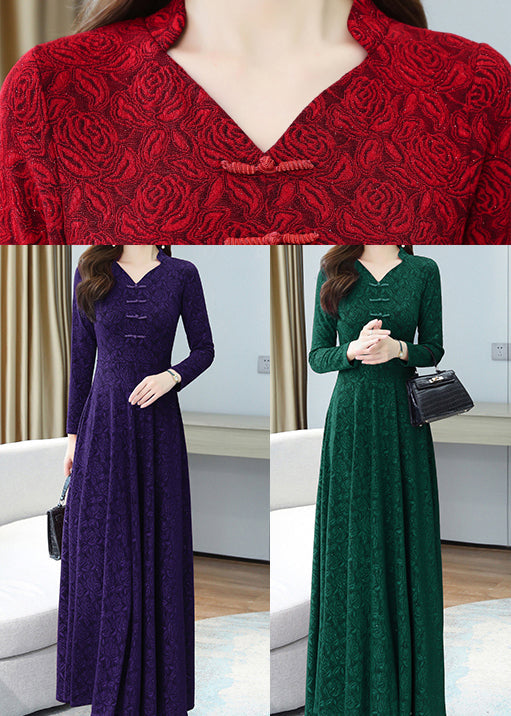 Red Jacquard Slim Fit Cotton Oriental Dress Extra Large Hem Fall OO028 OM-CS240814