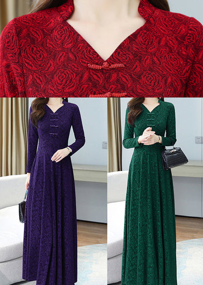 Red Jacquard Slim Fit Cotton Oriental Dress Extra Large Hem Fall OO028 OM-CS240814