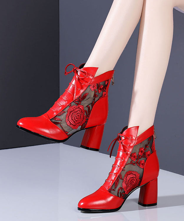 Red Lace Up Cowhide Leather Hollow Out Chunky Boots RT1076 Ada Fashion